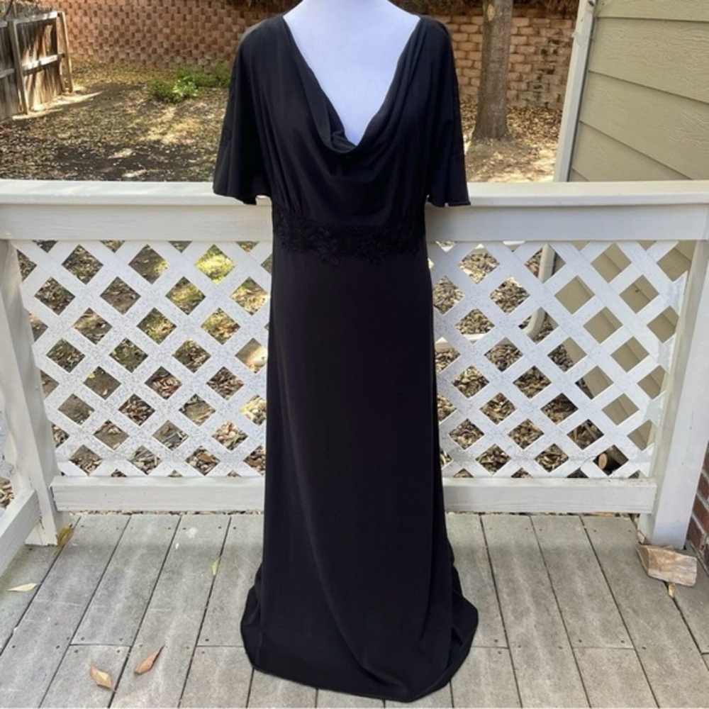 Soft Surroundings XS Maxi Dress Black Flutter Sleeve Lace Accent Drape Neck Goth